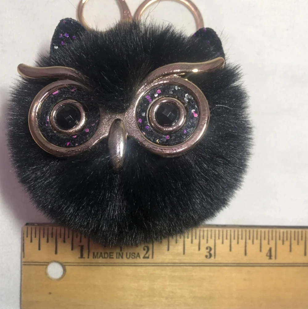 Black Fluffy‎ Owl Fur Pom Pom Keychain Faux Fur Black Pink Silver Eyes NWT
